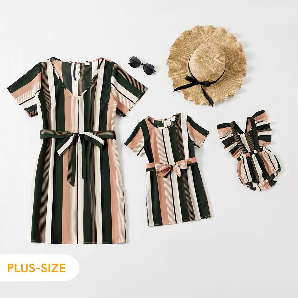 Stripe Series Short Sleeve Dresses with Waist Tie for Mommy and Me Multi-color