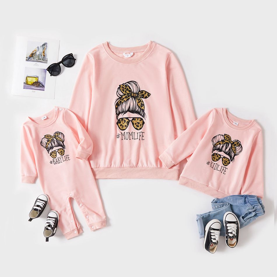 Letter Leopard Print Long Sleeve Sweatshirts for Mommy and Me Light Pink big image 1
