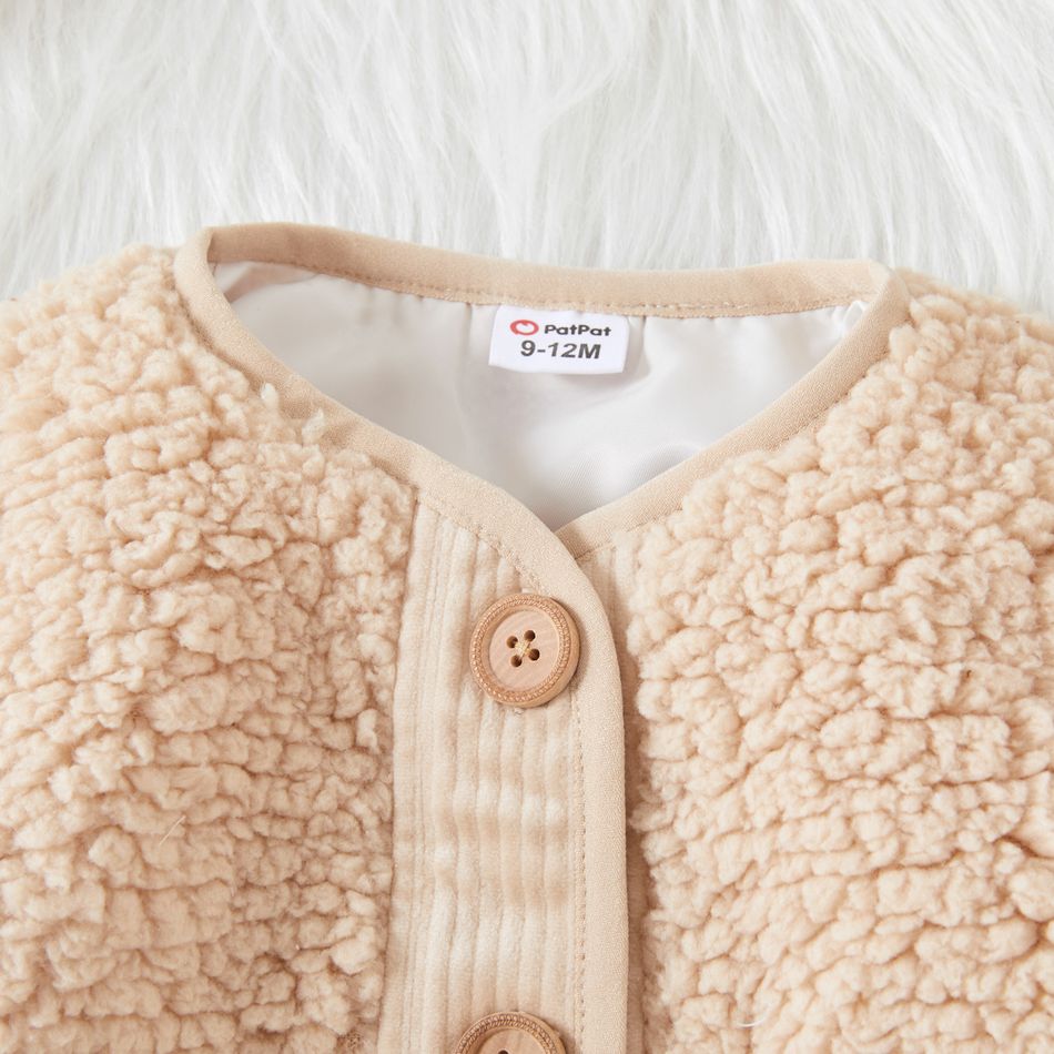 Baby Girl/Boy Solid Long-sleeve Button Front Fleece Coat Jacket Outwear Beige big image 2