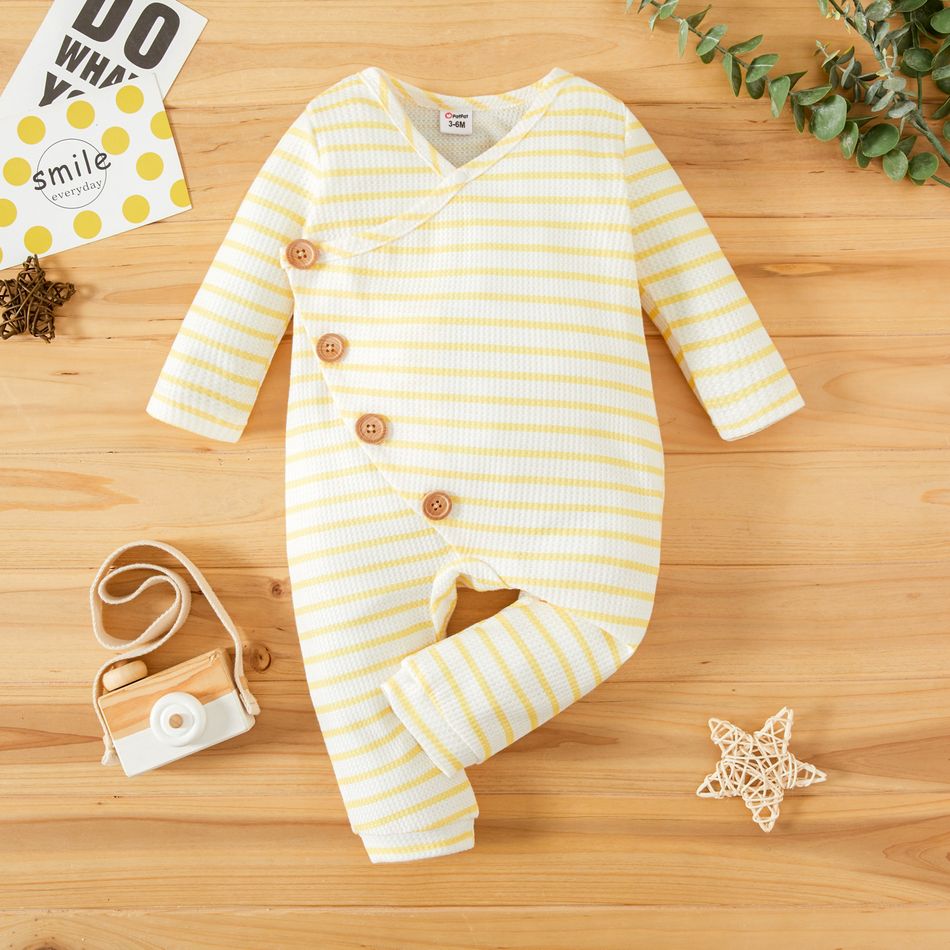 Baby Girl Striped Ribbed V Neck Long-sleeve Button Jumpsuit Yellow