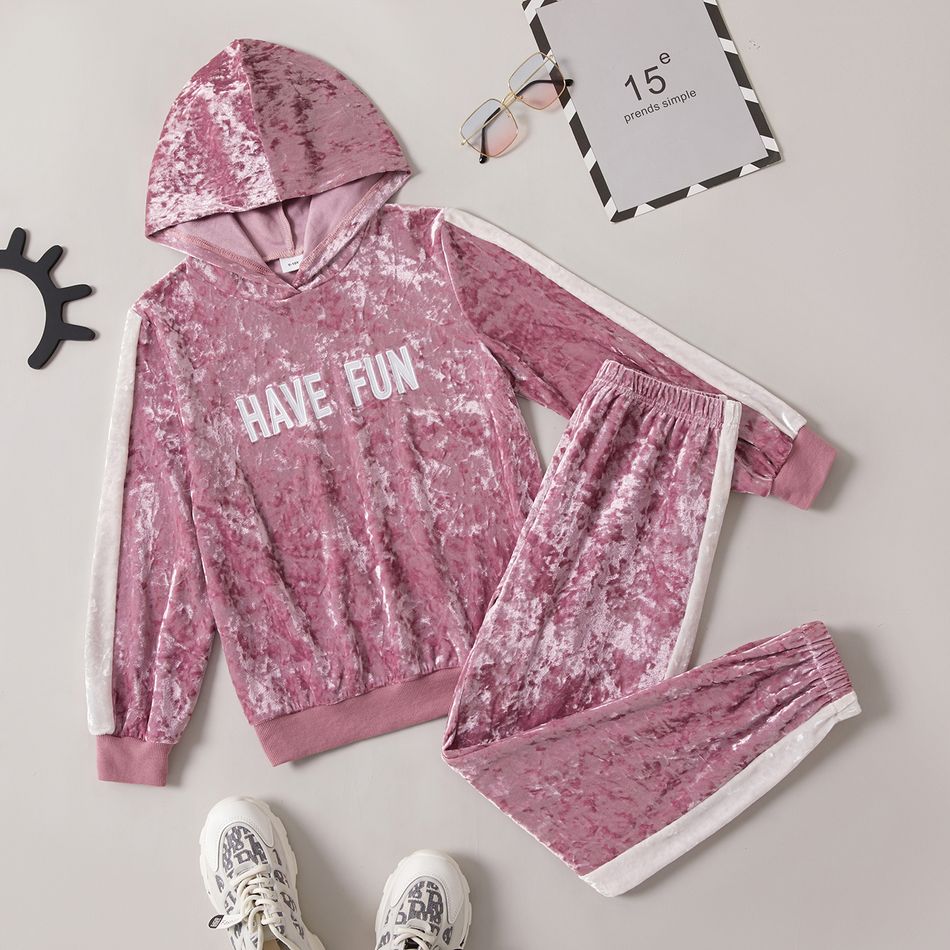 2-piece Kid Girl Letter Print Hoodie and Elasticized Pants Velvet Set Dark Pink