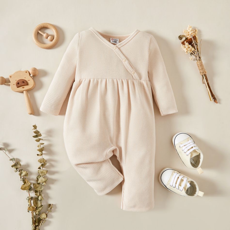 Baby Girl Solid/Rainbow Print Long-sleeve V-neck Jumpsuit Beige