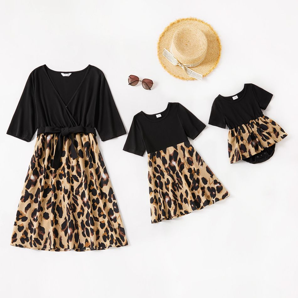 Leopard Print Half-sleeve Splicing A-line Midi Dress for Mom and Me Color block