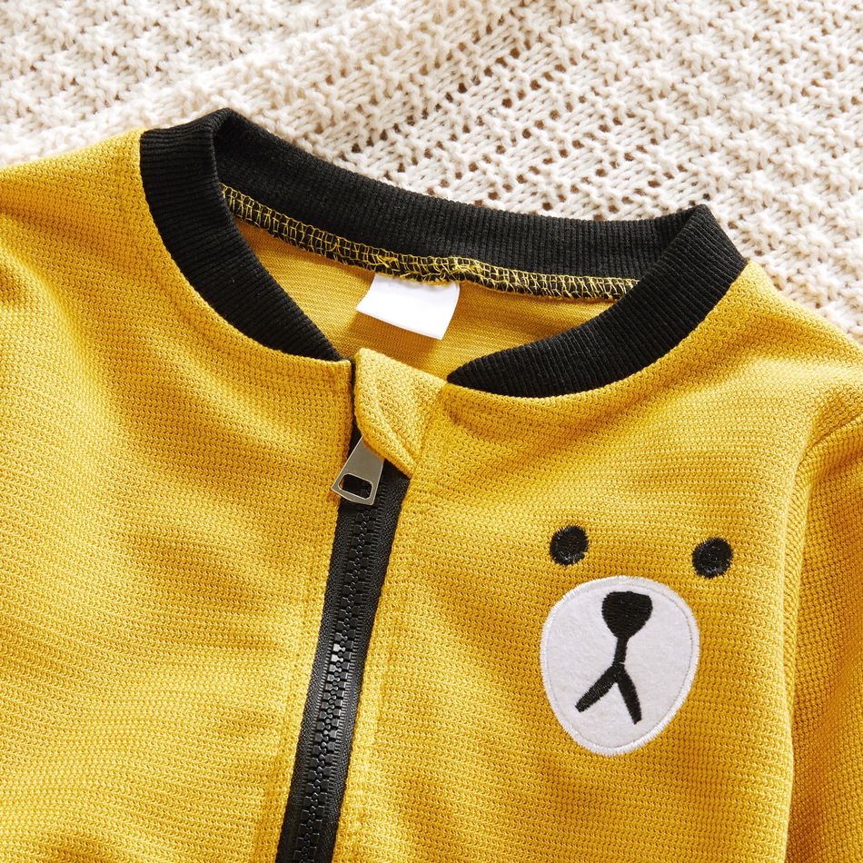 3-piece Toddler Letter Cartoon Bear Print Long-sleeve T-shirt, Zipper Jacket and Striped Pants Set Yellow big image 2
