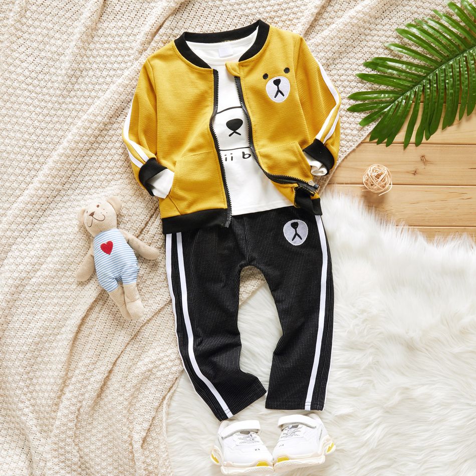 3-piece Toddler Letter Cartoon Bear Print Long-sleeve T-shirt, Zipper Jacket and Striped Pants Set Yellow big image 1