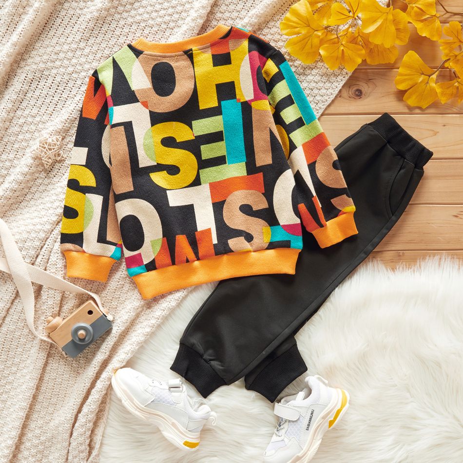 2-piece Toddler Girl/Boy Letter Print Colorblock Pullover and Elasticized Pocket Black Pants Set Orange big image 4
