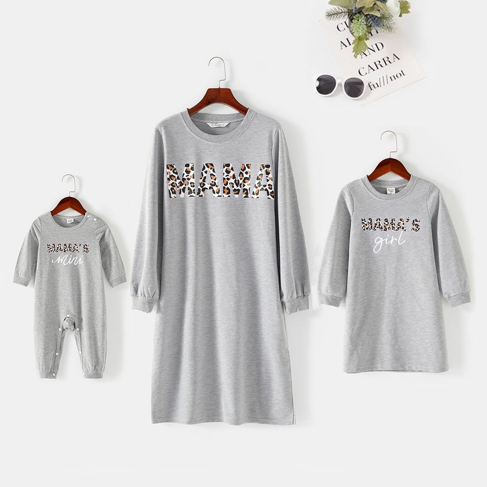 Leopard Letter Print Long-sleeve Sweatshirt Dress for Mom and Me Grey big image 1