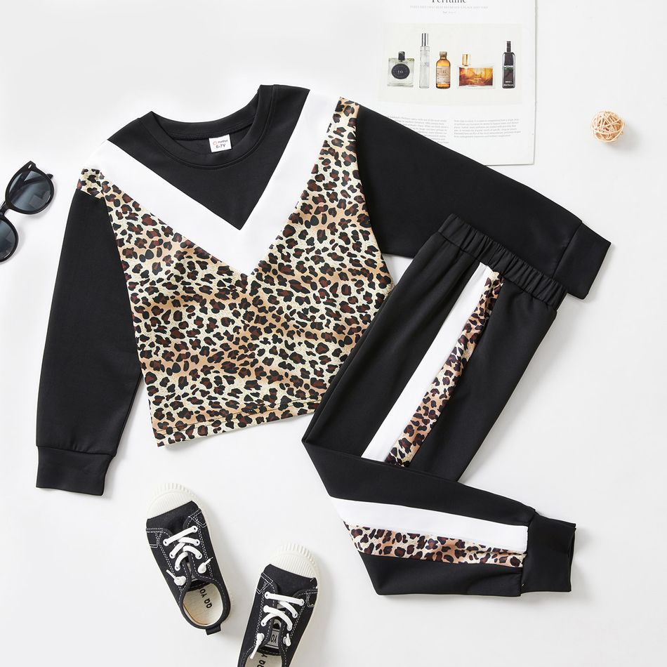 2-piece Kid Girl Leopard Print Colorblock Long-sleeve Top and Elasticized Pants Casual Set Black