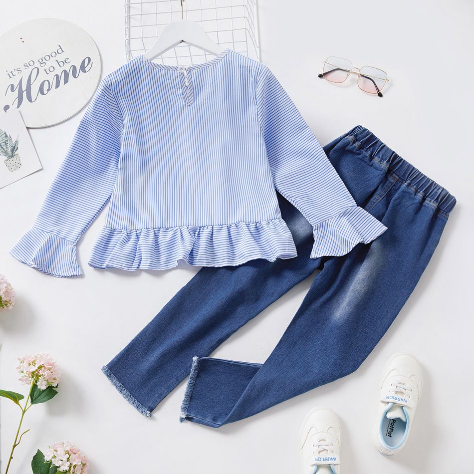 2-piece Kid Girl Striped Bell sleeves Ruffle Hem Blouse and Ribbed Denim Jeans Set Multi-color big image 2