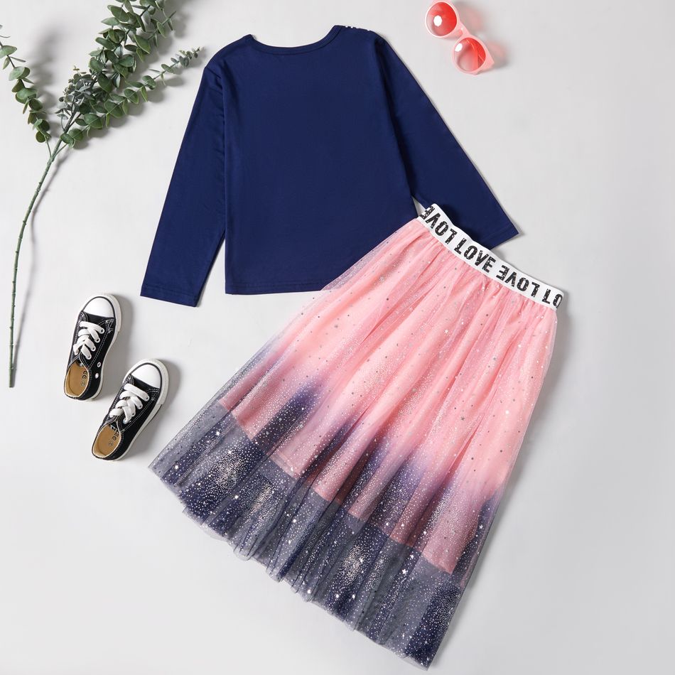 2-piece Kid Girl Striped Bowknot Embroidery Sailor Collar Pattern Long-sleeve Top and Letter Print Star Glitter Tulle Skirt Set Royal Blue big image 3
