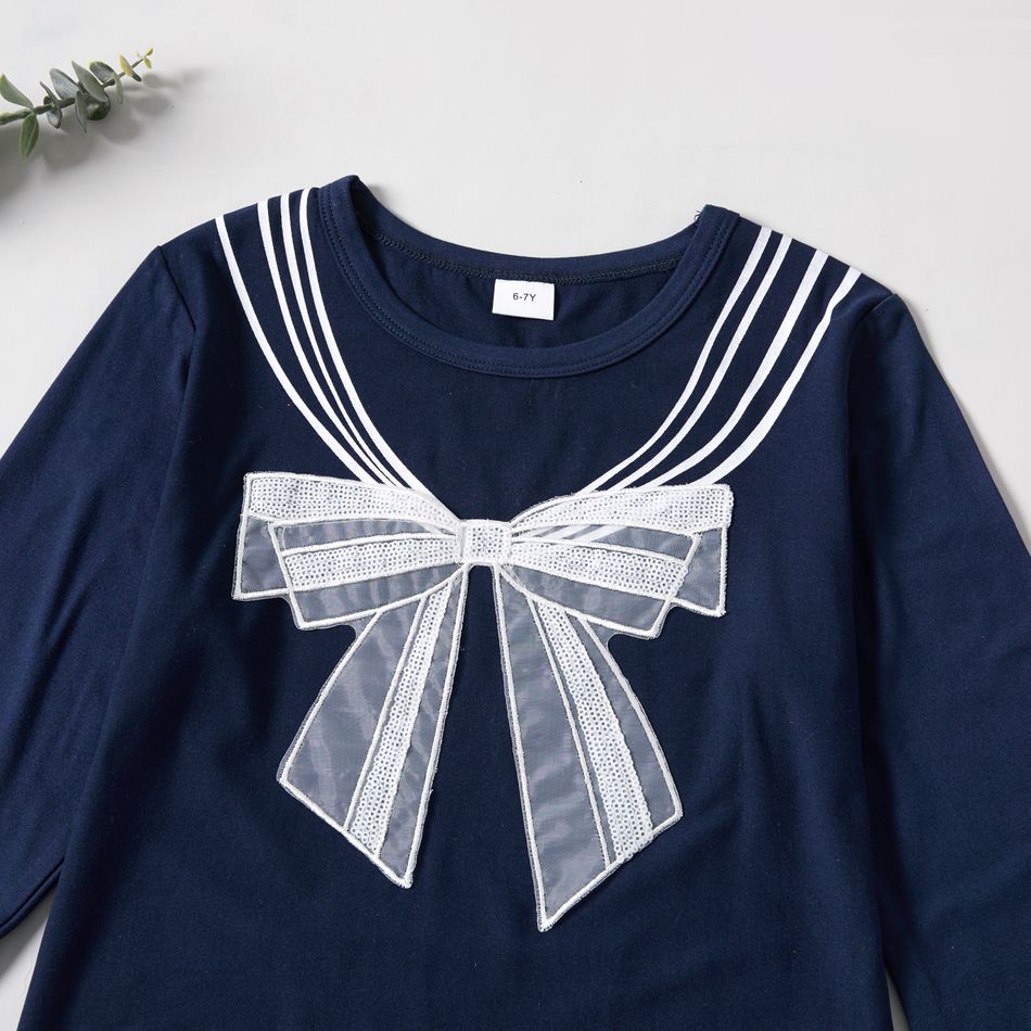 2-piece Kid Girl Striped Bowknot Embroidery Sailor Collar Pattern Long-sleeve Top and Letter Print Star Glitter Tulle Skirt Set Royal Blue big image 4