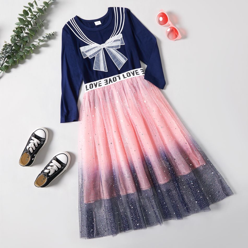 2-piece Kid Girl Striped Bowknot Embroidery Sailor Collar Pattern Long-sleeve Top and Letter Print Star Glitter Tulle Skirt Set Royal Blue big image 2