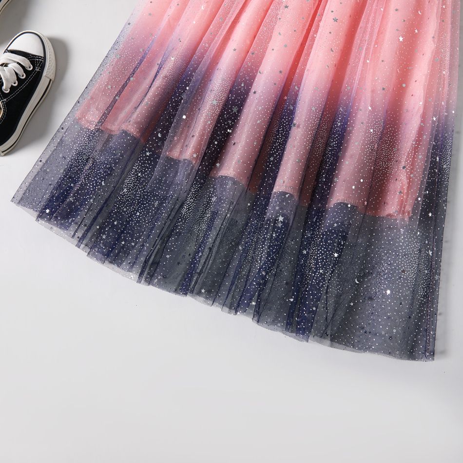 2-piece Kid Girl Striped Bowknot Embroidery Sailor Collar Pattern Long-sleeve Top and Letter Print Star Glitter Tulle Skirt Set Royal Blue big image 6