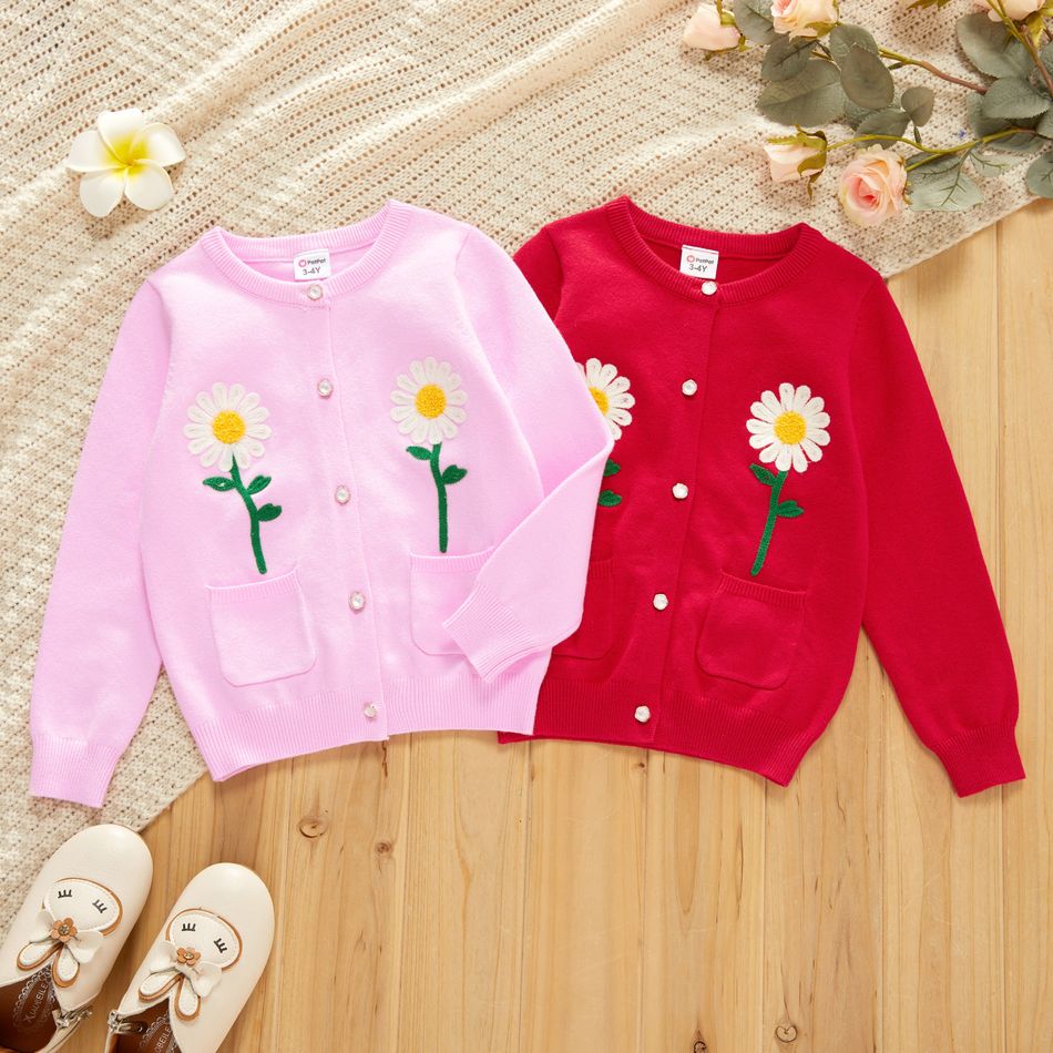 Toddler Girl Floral Embroidered Button Design Sweater Pink big image 2