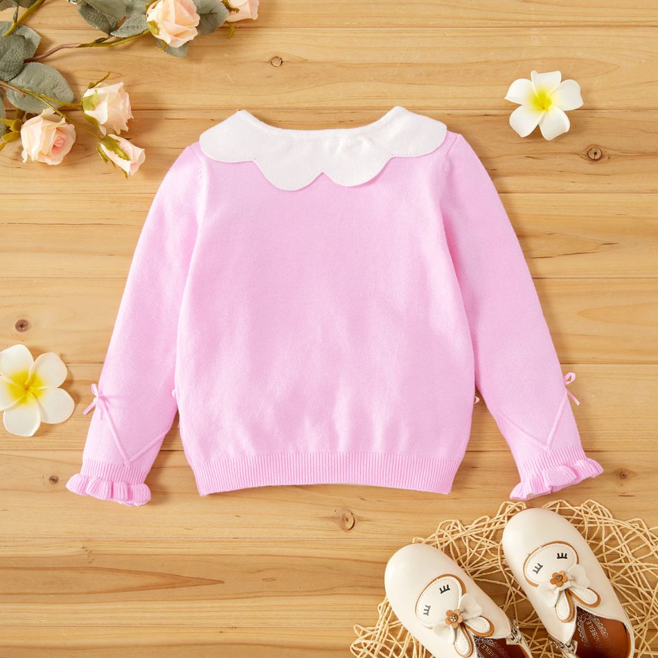 Toddler Girl Doll Collar Button Bowknot Beaded Design Knit Sweater Pink big image 3