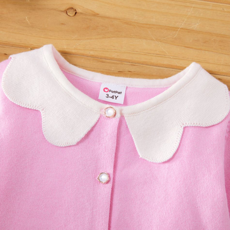Toddler Girl Doll Collar Button Bowknot Beaded Design Knit Sweater Pink big image 4