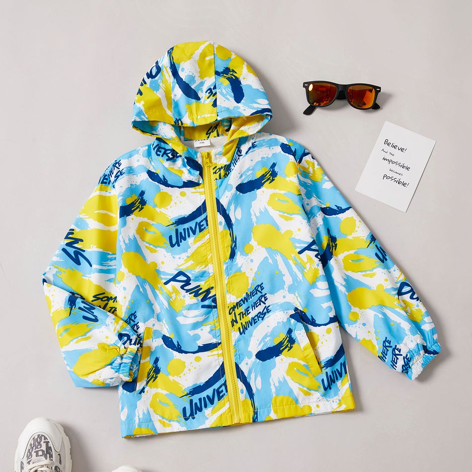 Fashionable Kid Boy Letter Painting Print Colorblock Zipper Windproof Hooded Jacket Coat Yellow