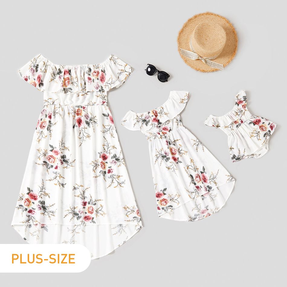 Floral Print White Off Shoulder Strapless Ruffle Midi Dress for Mom and Me White
