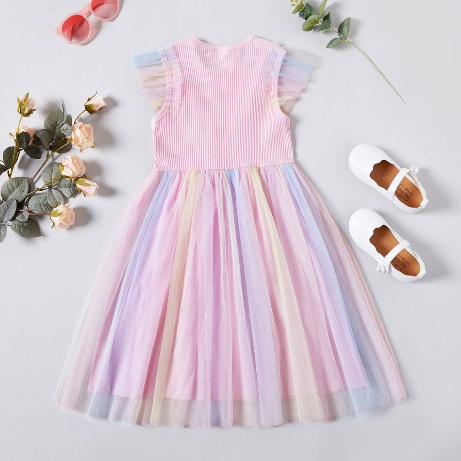 Beautiful Kid Girl Princess Fly Sleeve Party Rainbow Dress Pink