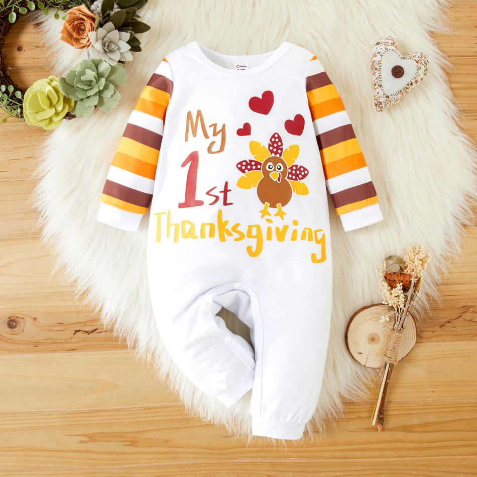 Baby Girl/Boy Thanksgiving Day Turkey and Letter Print Long-sleeve Jumpsuit White