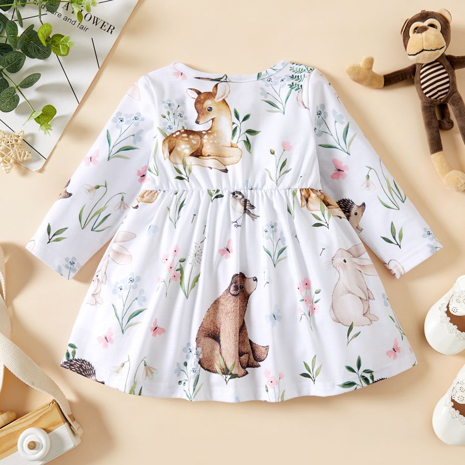 Baby Girl Animals and Plants Print White Long-sleeve Dress Color block big image 6