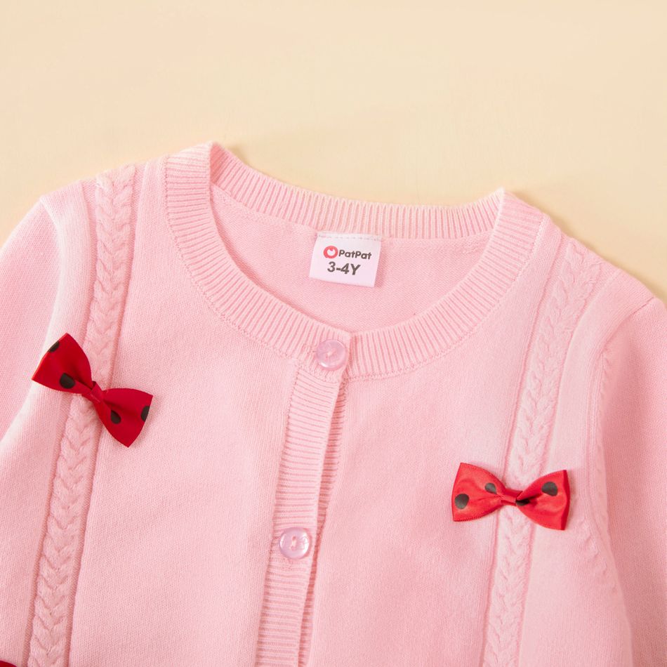 Toddler Girl Bowknot Design Cable Knit Button Design Sweater Cardigan Pink big image 4