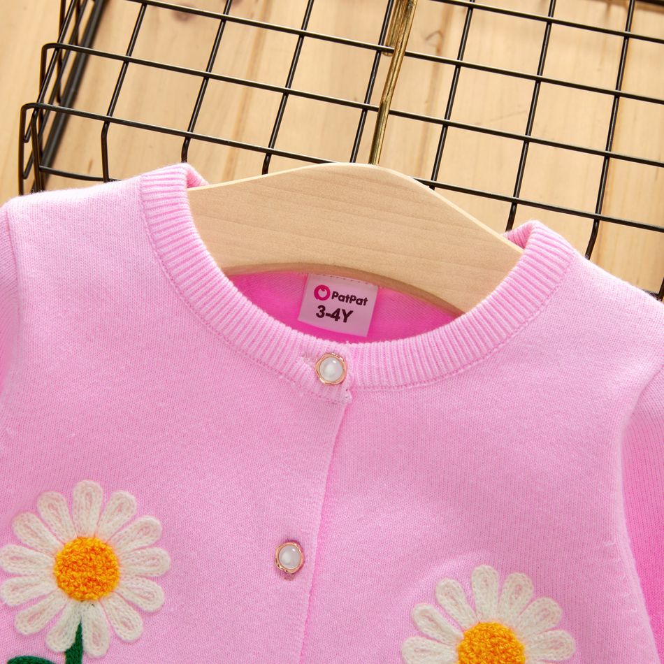 Toddler Girl Floral Embroidered Button Design Sweater Pink big image 4