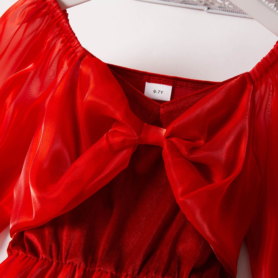 Kid Girl V Neck Bowknot Design Ruffle-sleeve Party Mesh Red Dress Red big image 3