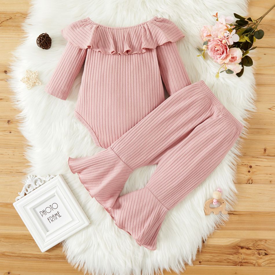Baby Girl 2pcs Solid Ribbed Ruffle Long-sleeve Romper and Flared Pants Set Pink big image 3