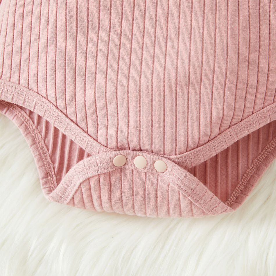 Baby Girl 2pcs Solid Ribbed Ruffle Long-sleeve Romper and Flared Pants Set Pink big image 5