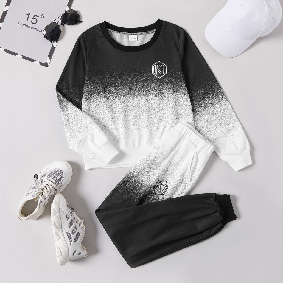 2-piece Kid Boy Letter Print Gradient Pullover Sweatshirt and Elasticized Pants Casual Set Black/White