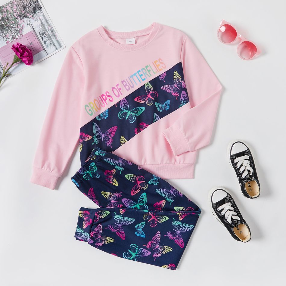 2-piece Kid Girl Letter Butterfly Print Pink Long-sleeve Top and Elasticized Pants Casual Set Pink