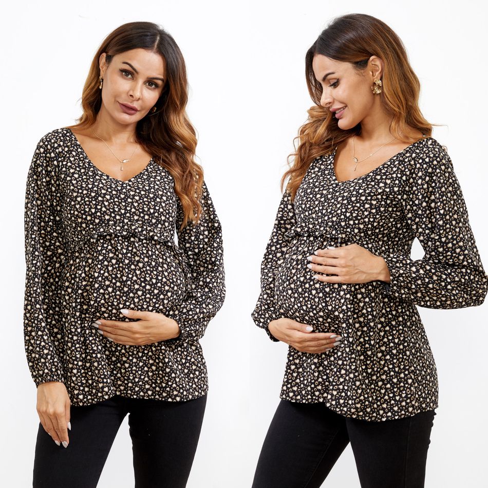 Maternity Heart Print V-neck Long-sleeve Shirt Brown