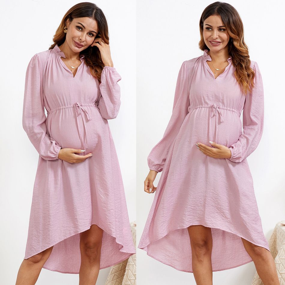 Maternity Solid Stand Collar H Long-sleeve Dress Pink