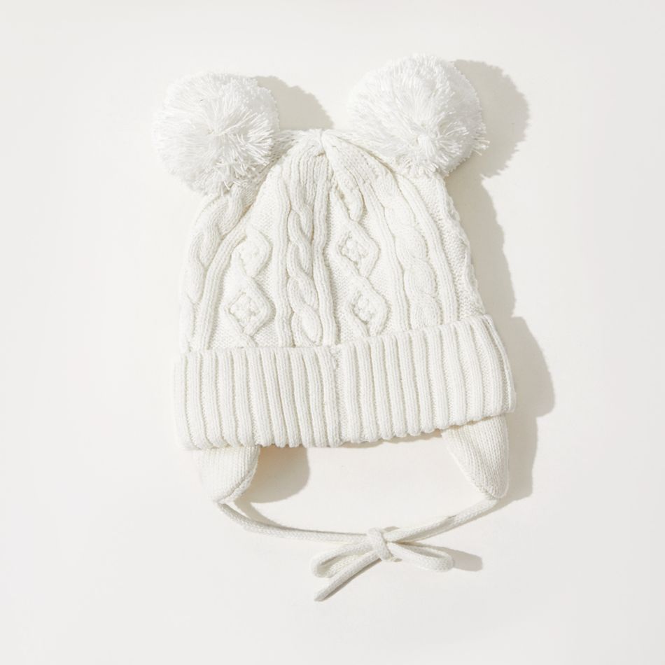 Baby Solid Fleece Pompon Knitted Beanie Hat White big image 1