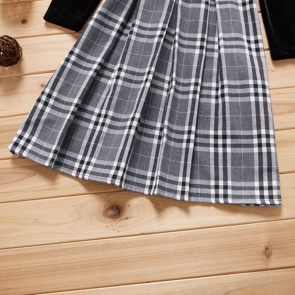Kid Girl Bowknot Design Long-sleeve Stitching Velvet Plaid Pleated Dress Black big image 4