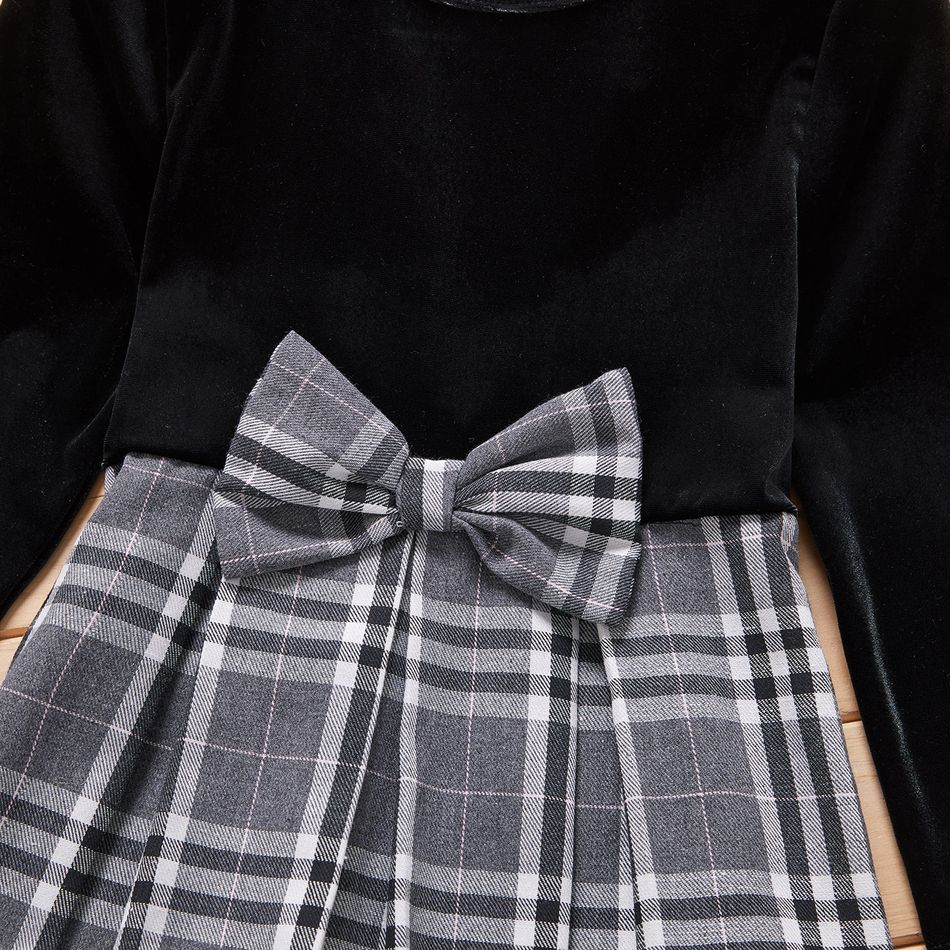 Kid Girl Bowknot Design Long-sleeve Stitching Velvet Plaid Pleated Dress Black big image 2
