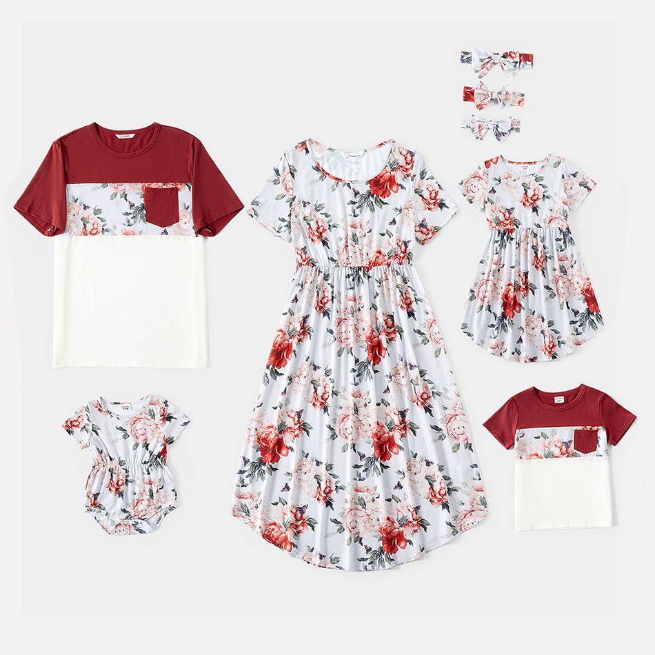 Floral Print Splice Family Matching Red Sets Light Red