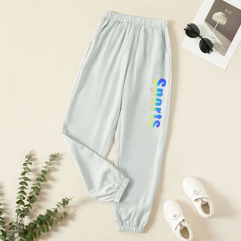 Trendy Kid Boy Reflective Laser Letter Print Joggers Pants Sporty Sweatpants with Pocket Grey
