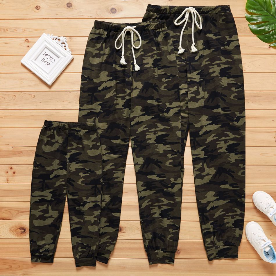 Camouflage Print Family Matching Drawstring Sports Pants Dark Green