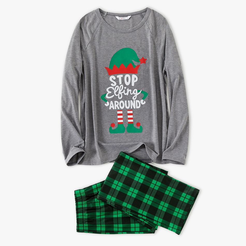 Christmas Theme Letter and Green Plaid Print Long-sleeve Family Matching Pajamas Set (Flame Resistant) Grey big image 2