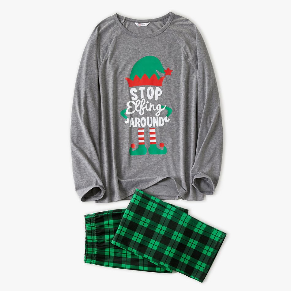 Christmas Theme Letter and Green Plaid Print Long-sleeve Family Matching Pajamas Set (Flame Resistant) Grey big image 5