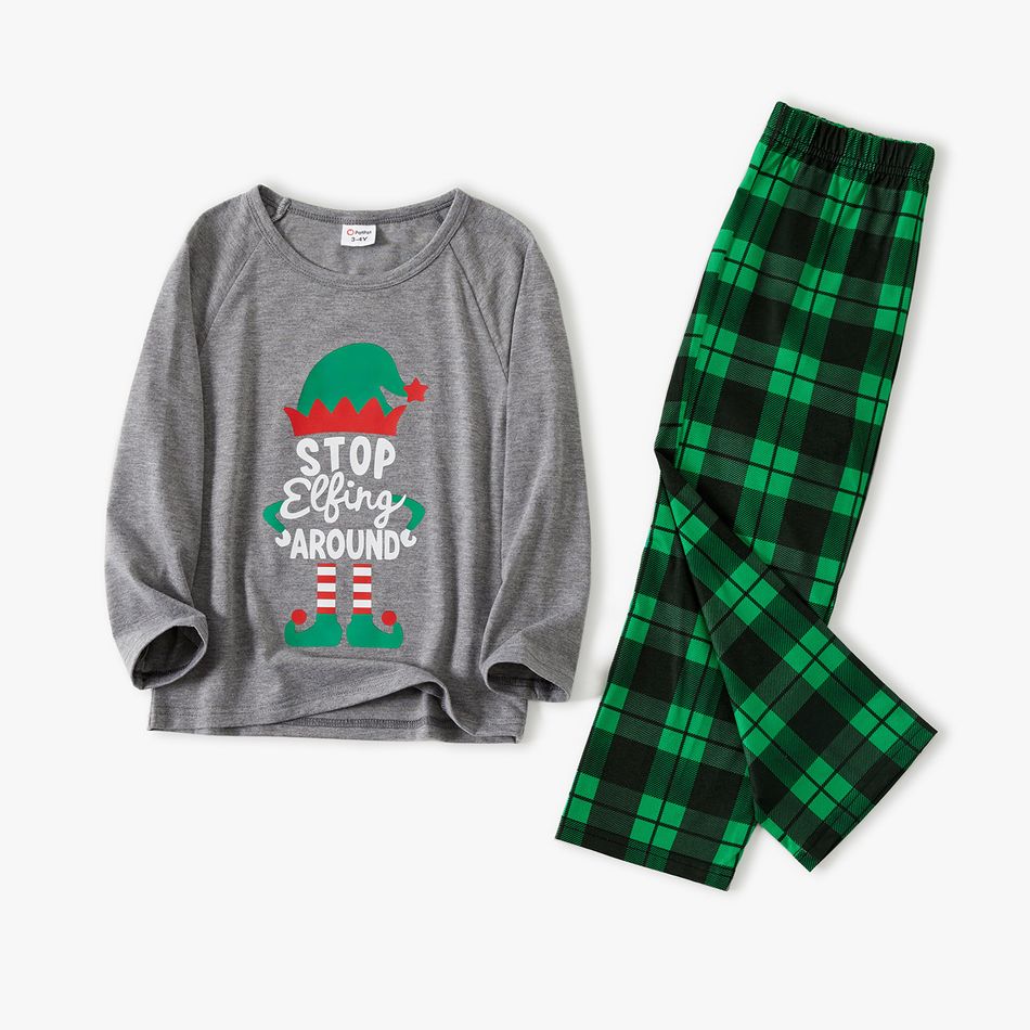 Christmas Theme Letter and Green Plaid Print Long-sleeve Family Matching Pajamas Set (Flame Resistant) Grey big image 7