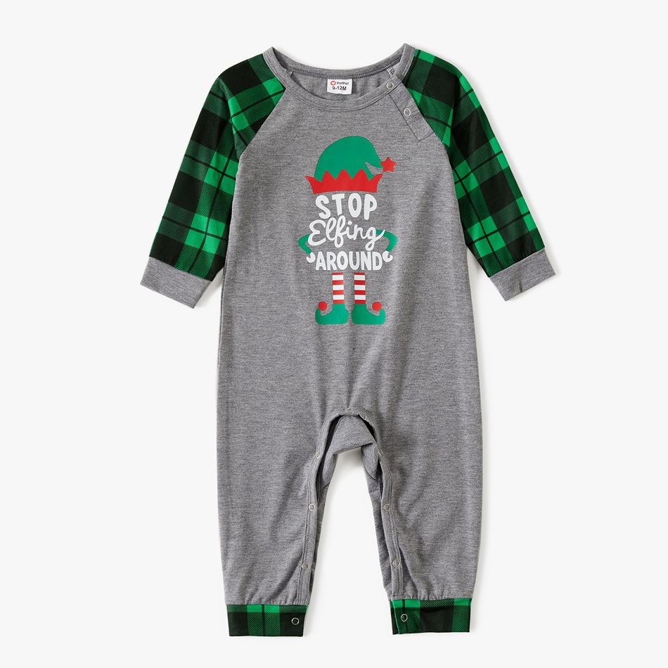 Christmas Theme Letter and Green Plaid Print Long-sleeve Family Matching Pajamas Set (Flame Resistant) Grey big image 10