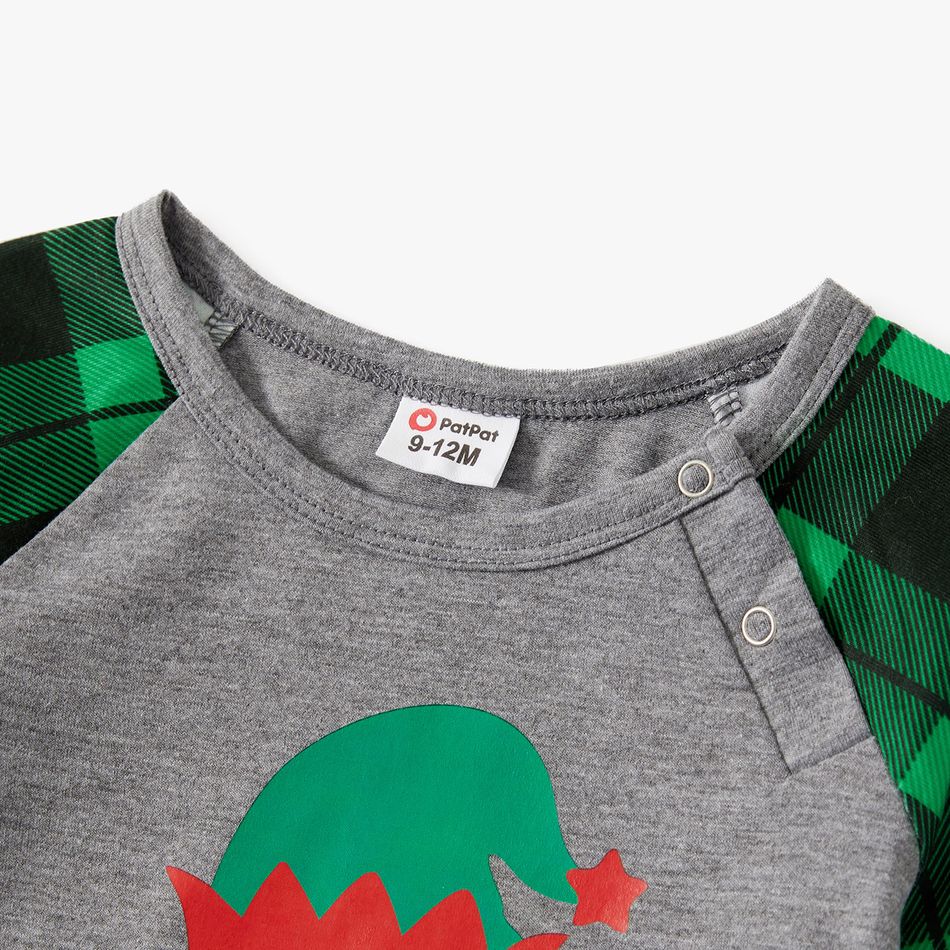 Christmas Theme Letter and Green Plaid Print Long-sleeve Family Matching Pajamas Set (Flame Resistant) Grey big image 11