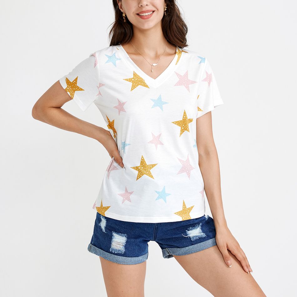 Stars Print V-neck Short-sleeve T-shirt White
