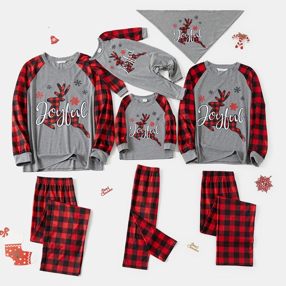 Christmas Deer and Red Plaid Print Raglan Long-sleeve Family Matching Pajamas Set (Flame Resistant) Red