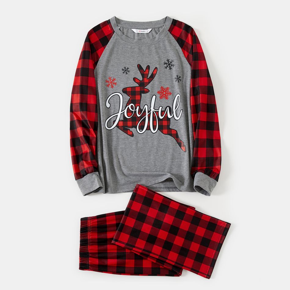 Christmas Deer and Red Plaid Print Raglan Long-sleeve Family Matching Pajamas Set (Flame Resistant) Red big image 6