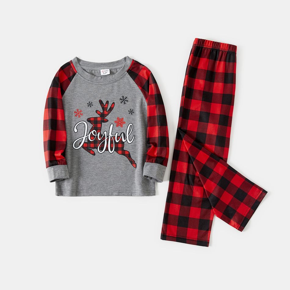 Christmas Deer and Red Plaid Print Raglan Long-sleeve Family Matching Pajamas Set (Flame Resistant) Red big image 8