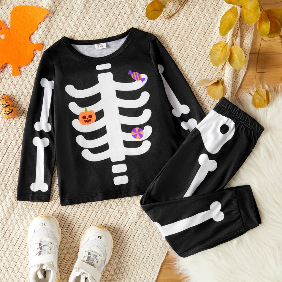 2-piece Toddler Boy/Girl Halloween Pumpkin Bone Print Pullover and Elasticized Pants Set Black big image 1